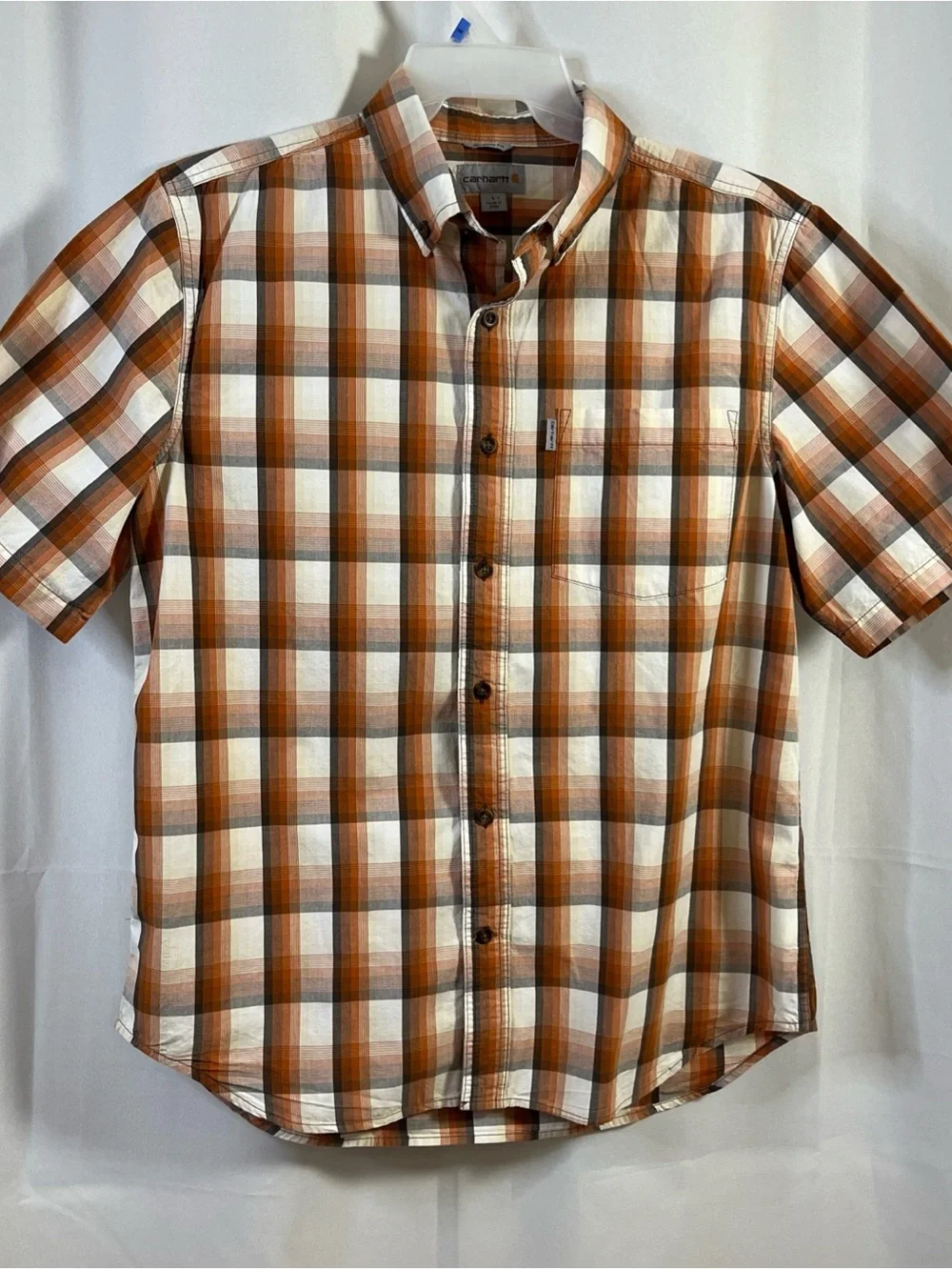 Carhartt Men's Relaxed Fit Button Down Plaid Shirt Pocket orange brown Large